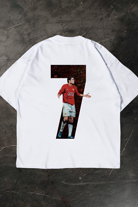 White t-shirt with a graphic of a Cristiano Ronaldo on a dark textured background