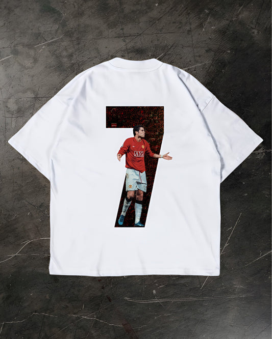 White t-shirt with a graphic of a Cristiano Ronaldo on a dark textured background
