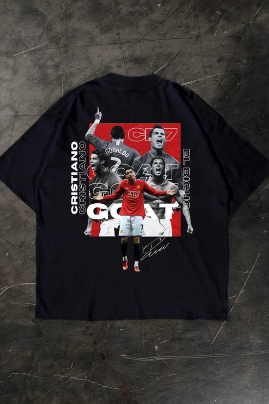 Black t-shirt with a graphic design of Cristiano Ronaldo and text on a dark textured surface