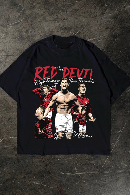 Black t-shirt with graphic design of Cristiano Ronaldo and text on a textured dark background