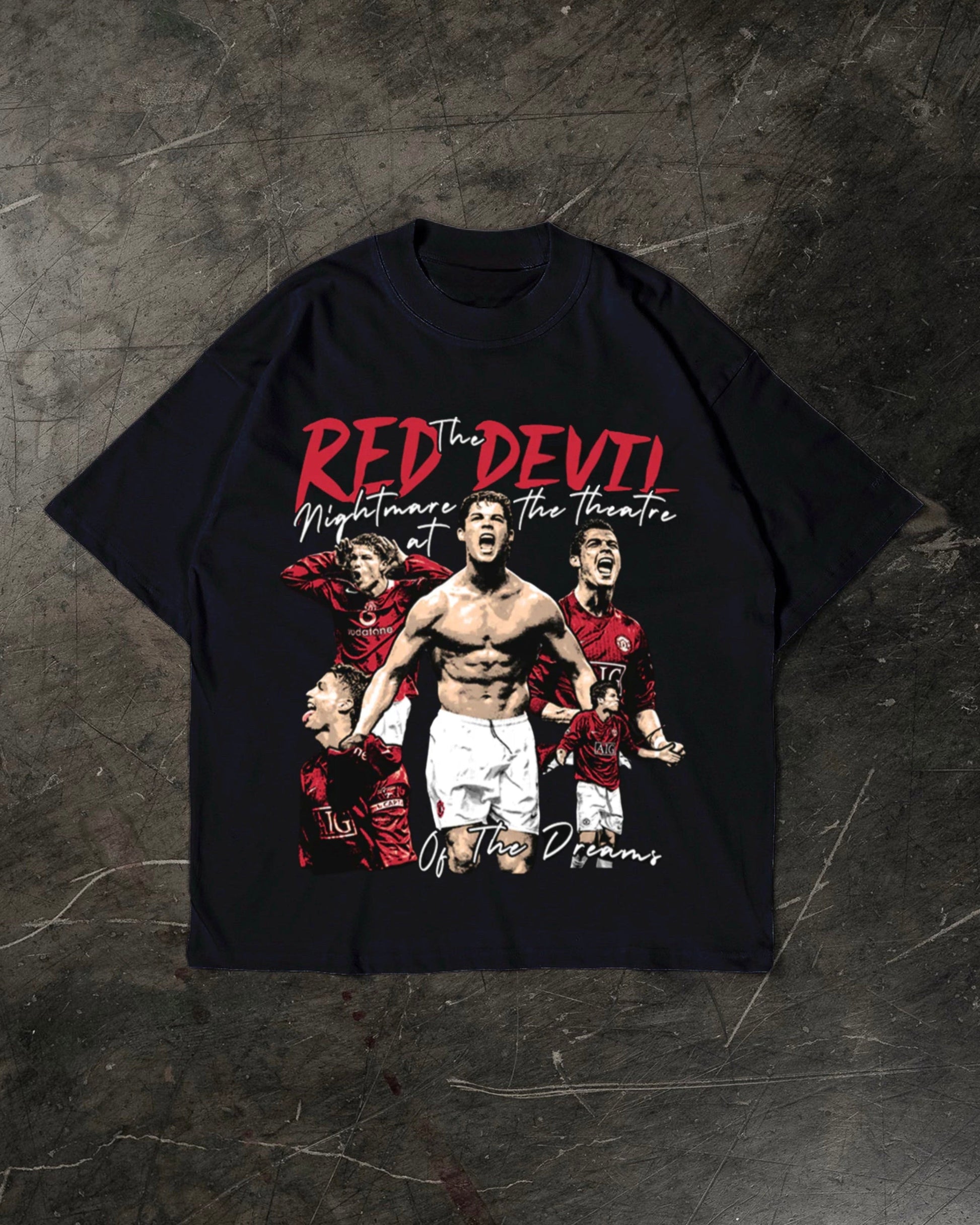 Black t-shirt with graphic design of Cristiano Ronaldo and text on a textured dark background