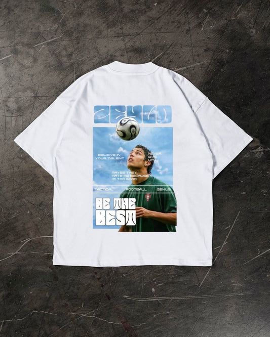 White t-shirt with a graphic of a Cristiano Ronaldo and text on a dark textured background