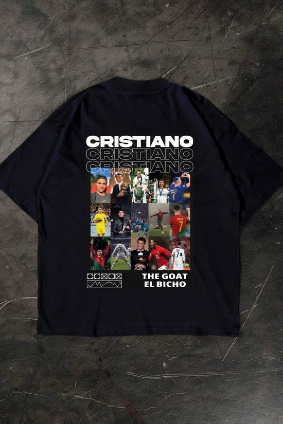 Black t-shirt with Cristiano Ronaldo graphic on a dark textured surface