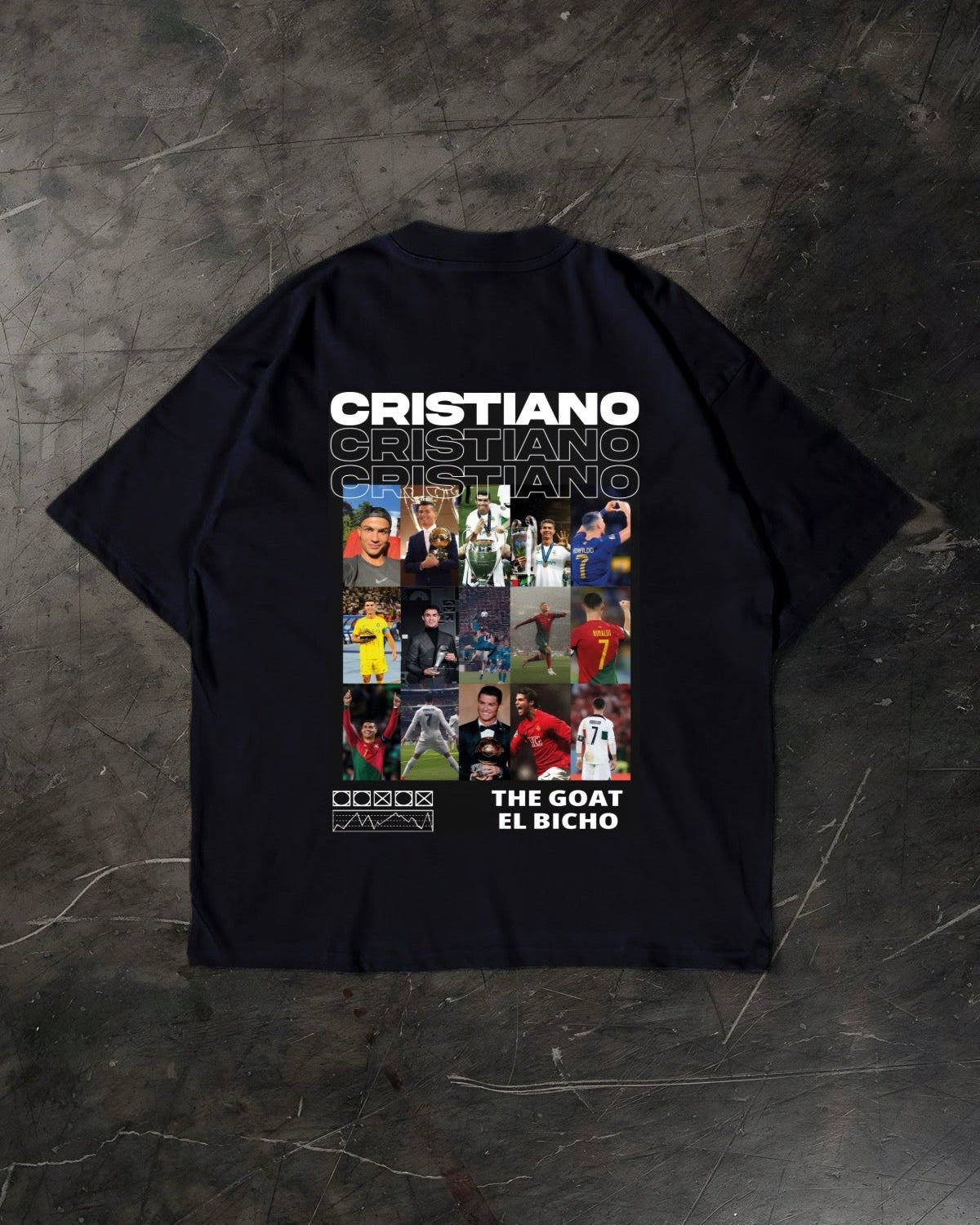Black t-shirt with Cristiano Ronaldo graphic on a dark textured surface
