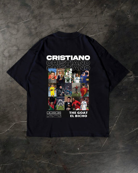 Black t-shirt with Cristiano Ronaldo graphic on a dark textured surface