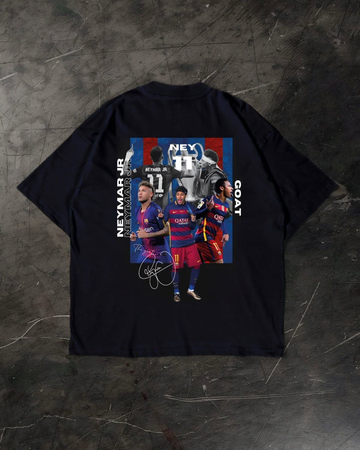 Black t-shirt with Neymar Jr graphic on a textured dark surface
