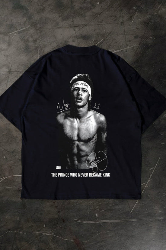 Black t-shirt with a graphic of a Neymar Jr and text on a textured gray background