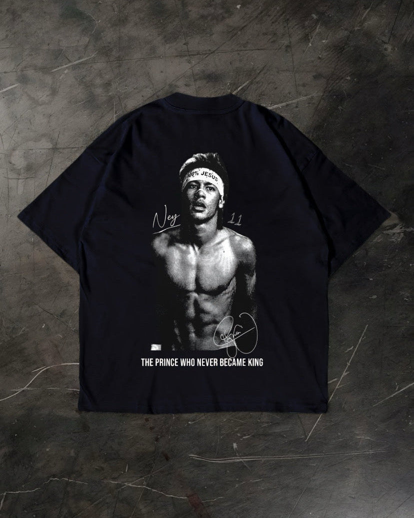 Black t-shirt with a graphic of a Neymar Jr and text on a textured gray background
