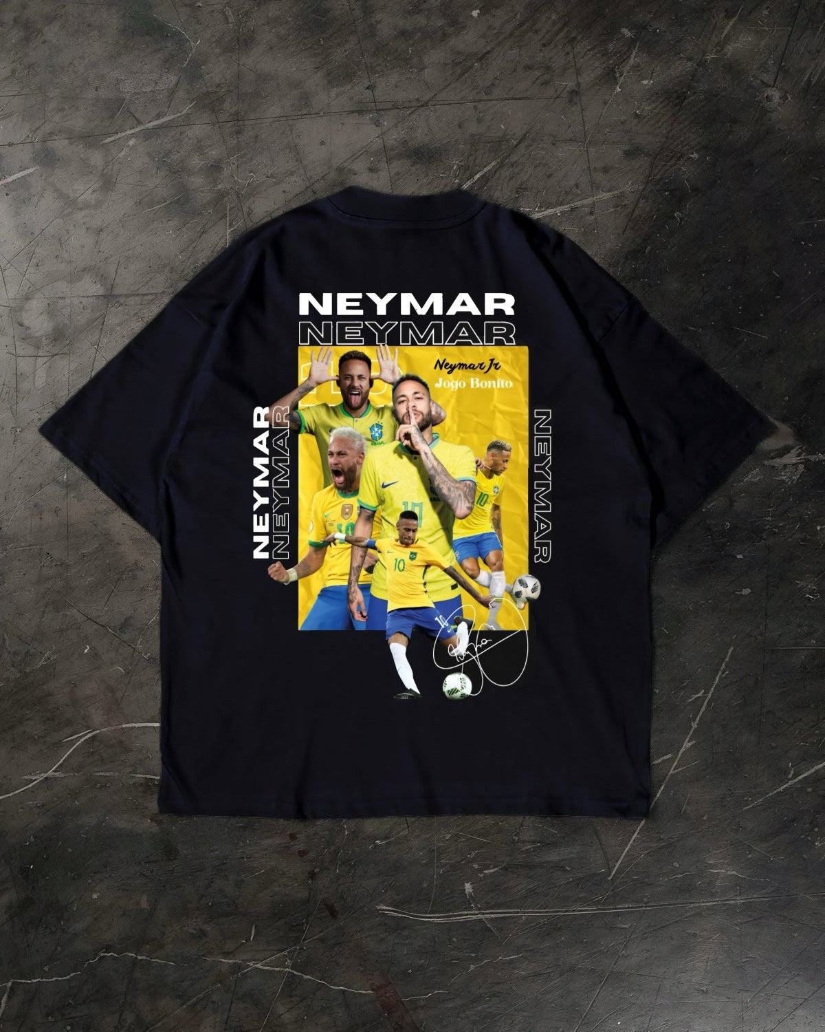Black t-shirt with Neymar graphic on a dark textured surface