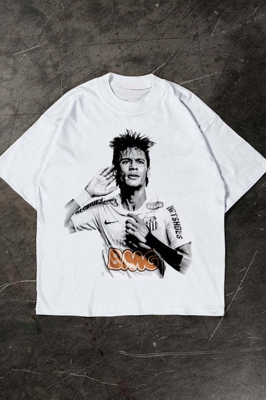 White t-shirt with Neymar Jr design on a textured dark surface