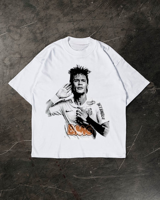 White t-shirt with Neymar Jr design on a textured dark surface